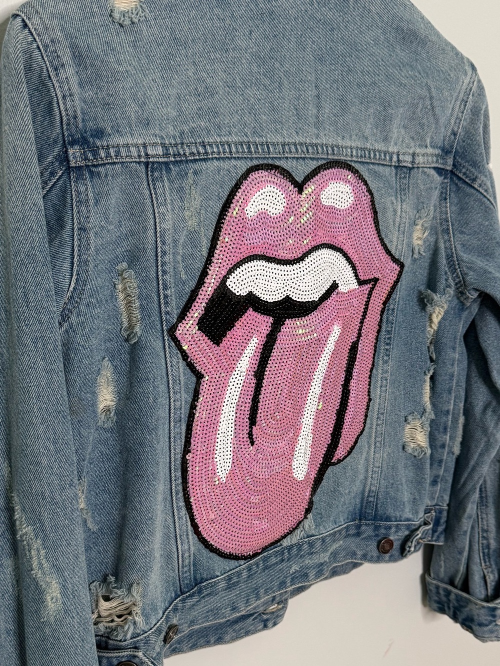 Distressed Rolling Stones Inspired+Stars Sequin Sleeve Denim Jacket by Sojara - Picture 8 of 8